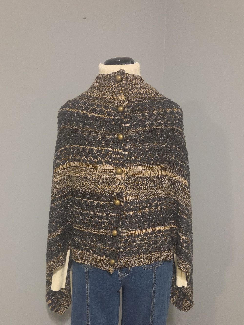 Simply Noelle Black and Gold Button-Front Knit Poncho